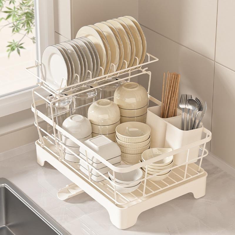 물빠짐 그릇 선반 가정용 탄소강 그릇 수납 선반 주방 선반 수저통 2단 그릇 선반 물빠짐 선반