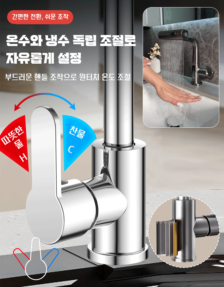 【독일 제조】냉온 겸용 360°회전 만능 풀아웃 수도꼭지