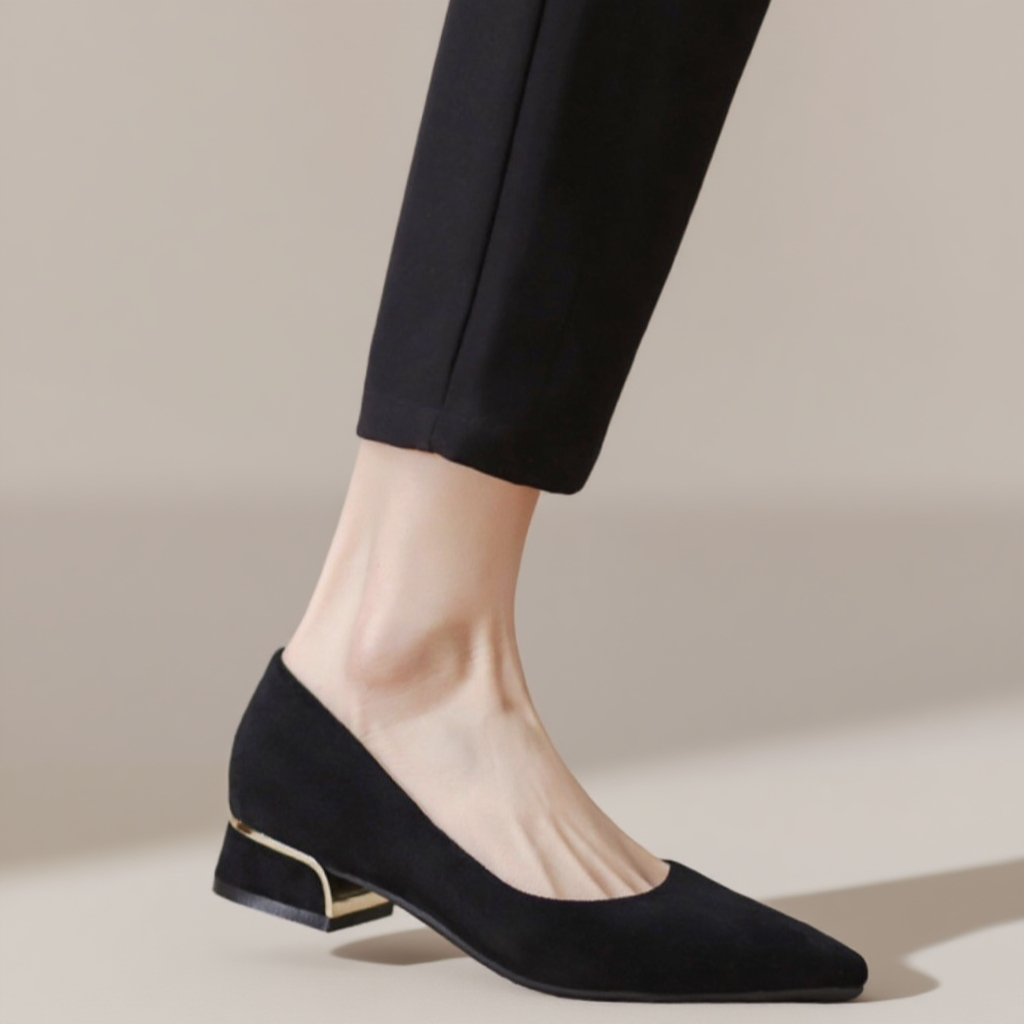 ブラックスエード厚底ヒールシューズ2025年春秋新作