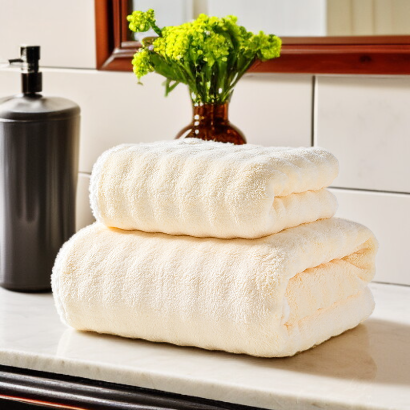 珊瑚絨雲朵格成人用浴巾浴帽套裝