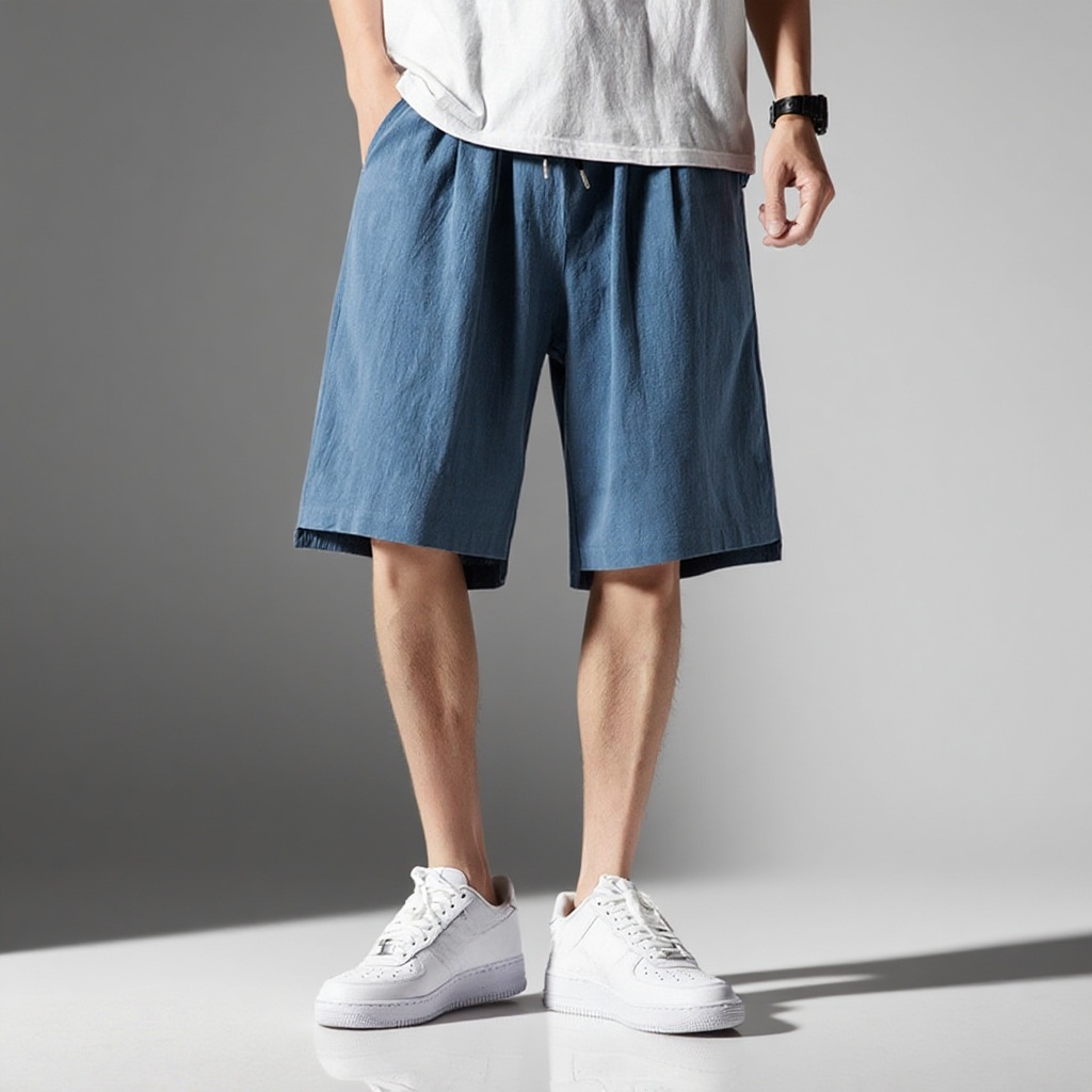 メンズ夏季綿麻五分丈パンツ     接触冷感