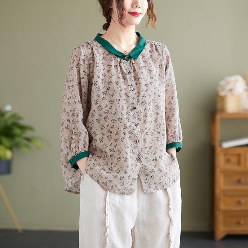 신상 여름 여성복 프린트 셔츠 코튼 마 문예 멜란 가디건 칼라 칠부 소매 캐주얼 셔츠녀