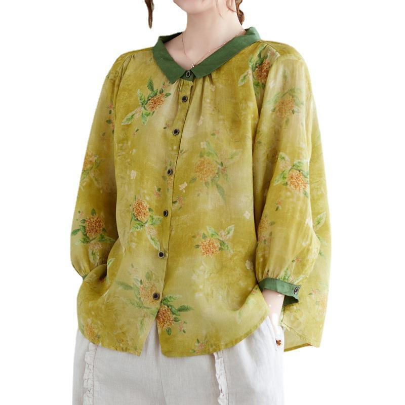 신상 여름 여성복 프린트 셔츠 코튼 마 문예 멜란 가디건 칼라 칠부 소매 캐주얼 셔츠녀