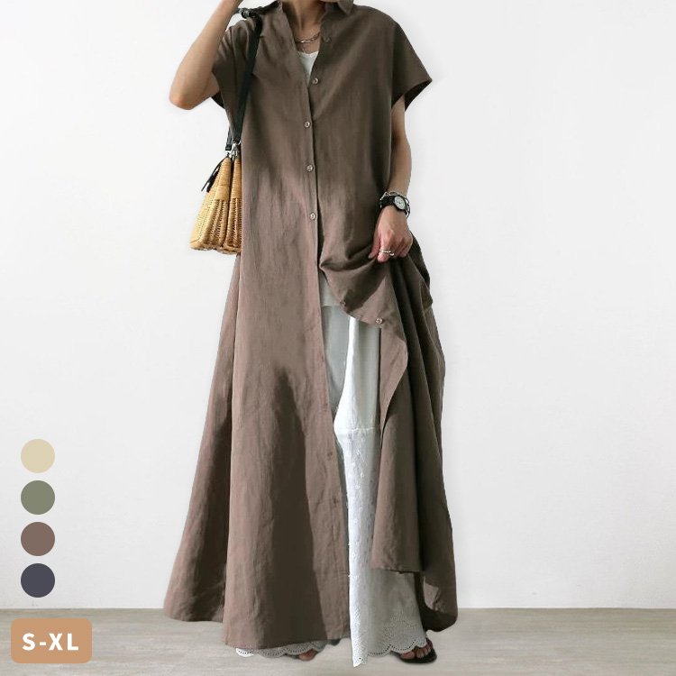 여름 풀오버 반팔면과 린넨 여성의 느슨한 옷깃 패션 캐주얼 셔츠 드레스