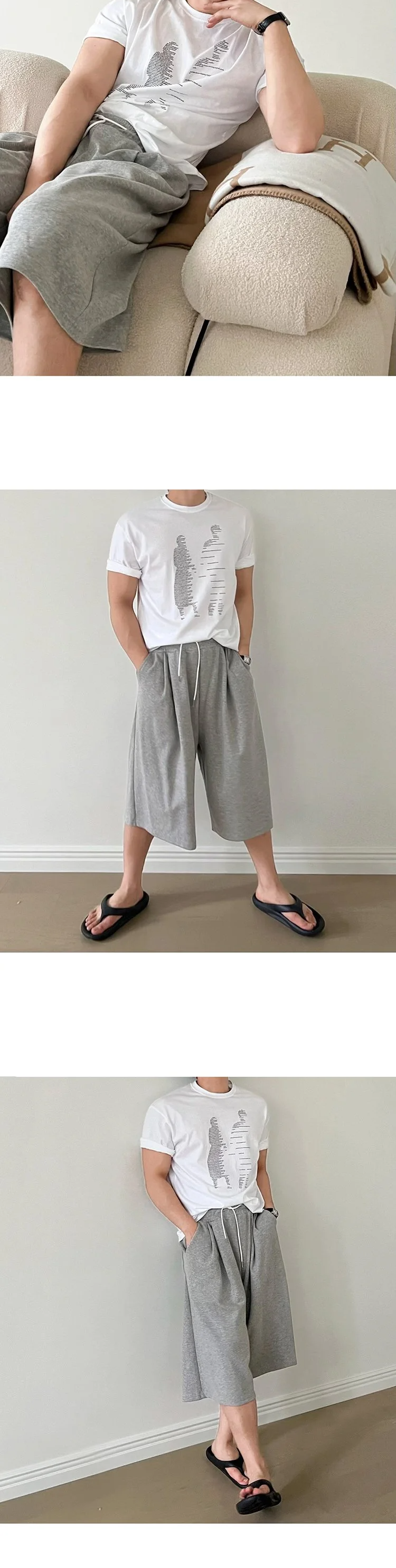 7부 캐주얼 반바지와 맨투맨 남성 코디