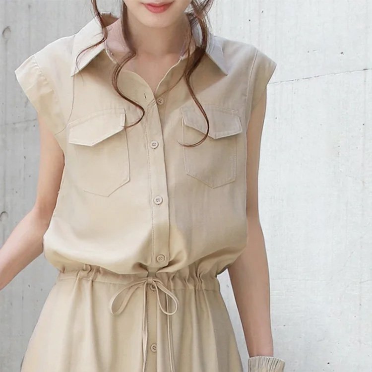 スリーブなしミドル丈カジュアル折襟シャツワンピ