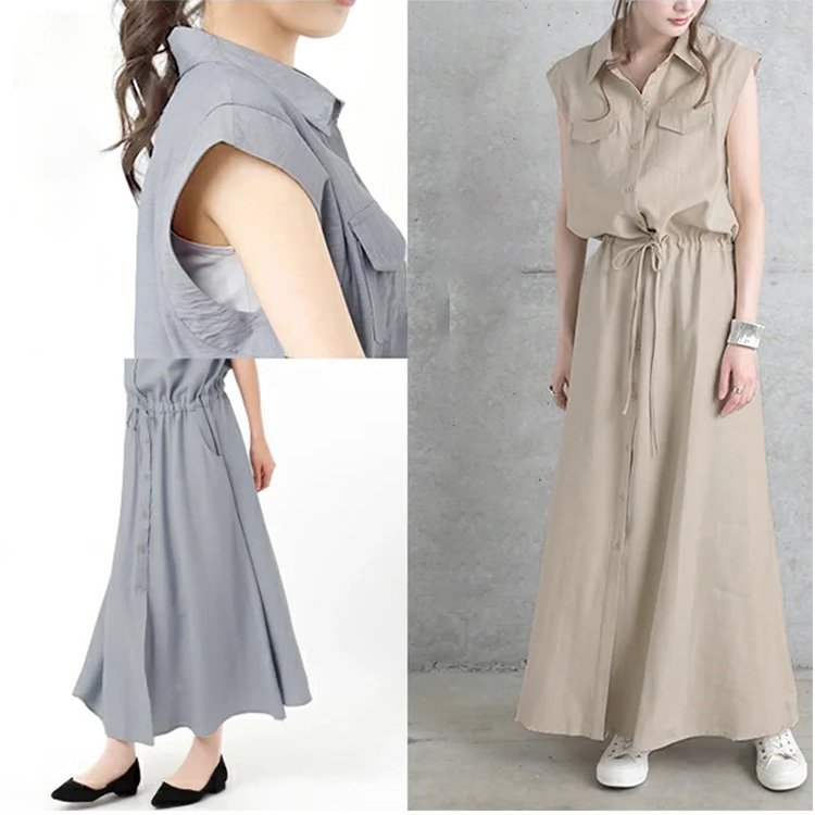スリーブなしミドル丈カジュアル折襟シャツワンピ
