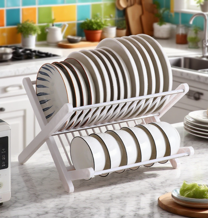 식판과 주방용품을 깔끔하게 정리한 선반