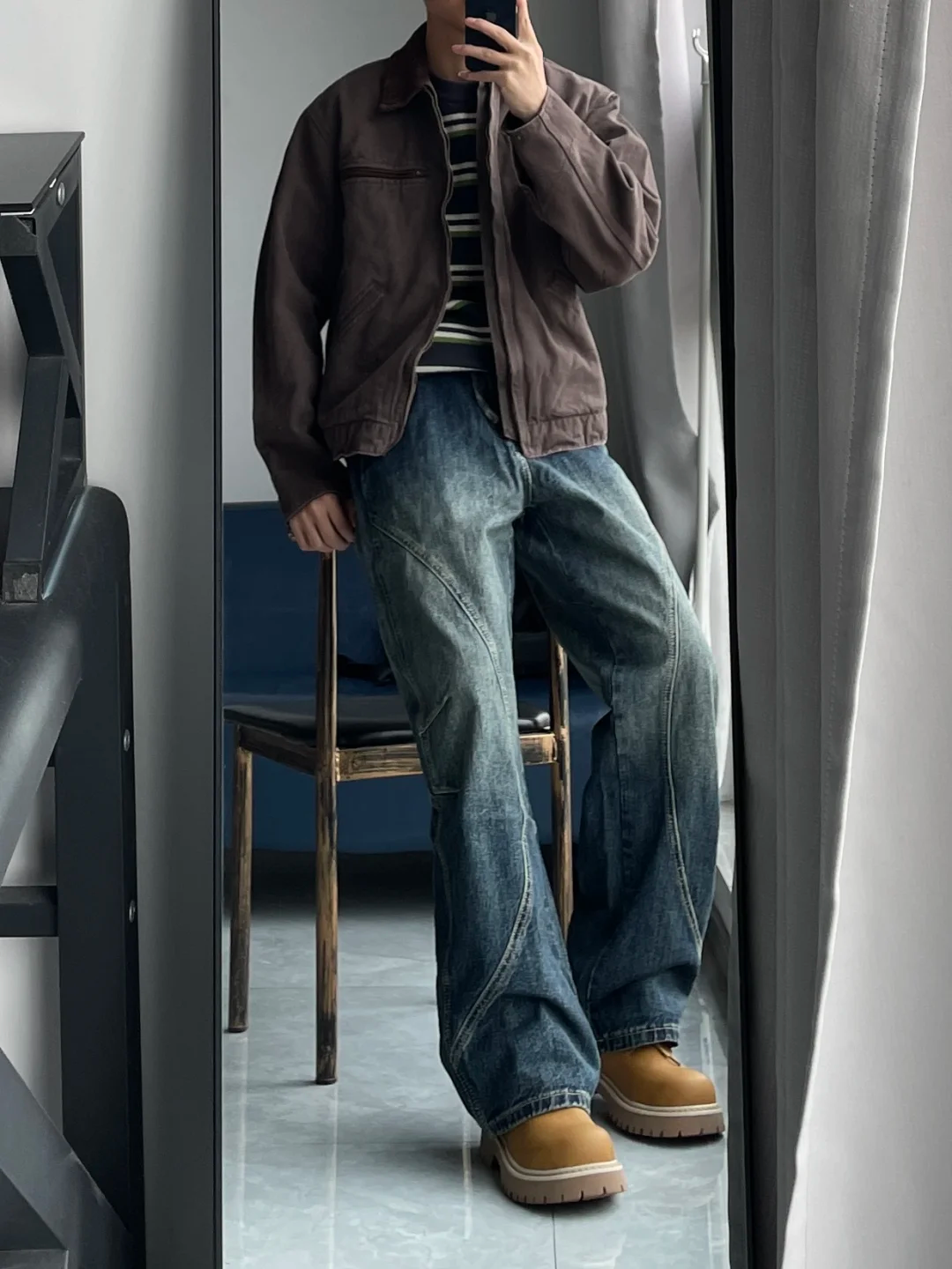 High street retro jeans men's wide leg loose straight