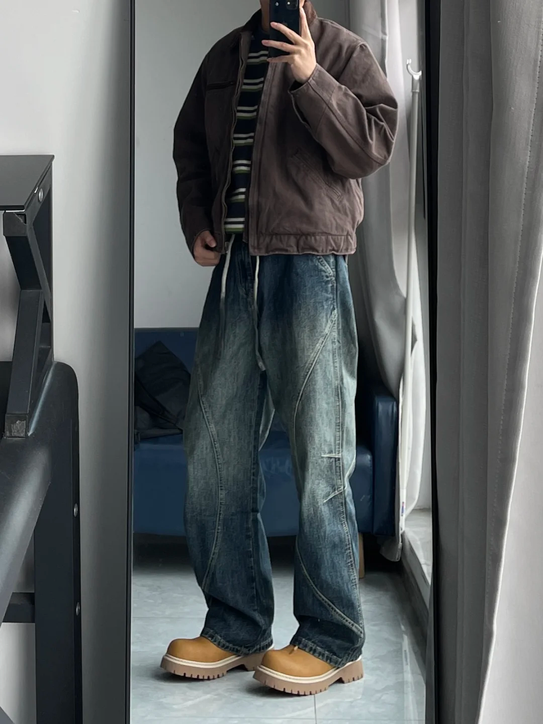 High street retro jeans men's wide leg loose straight