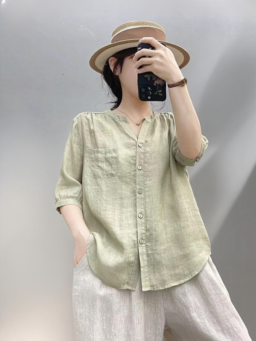 모시 여름 신상 브이넥 반팔 셔츠 문예 기품 단색 셔츠 코디 상의 여