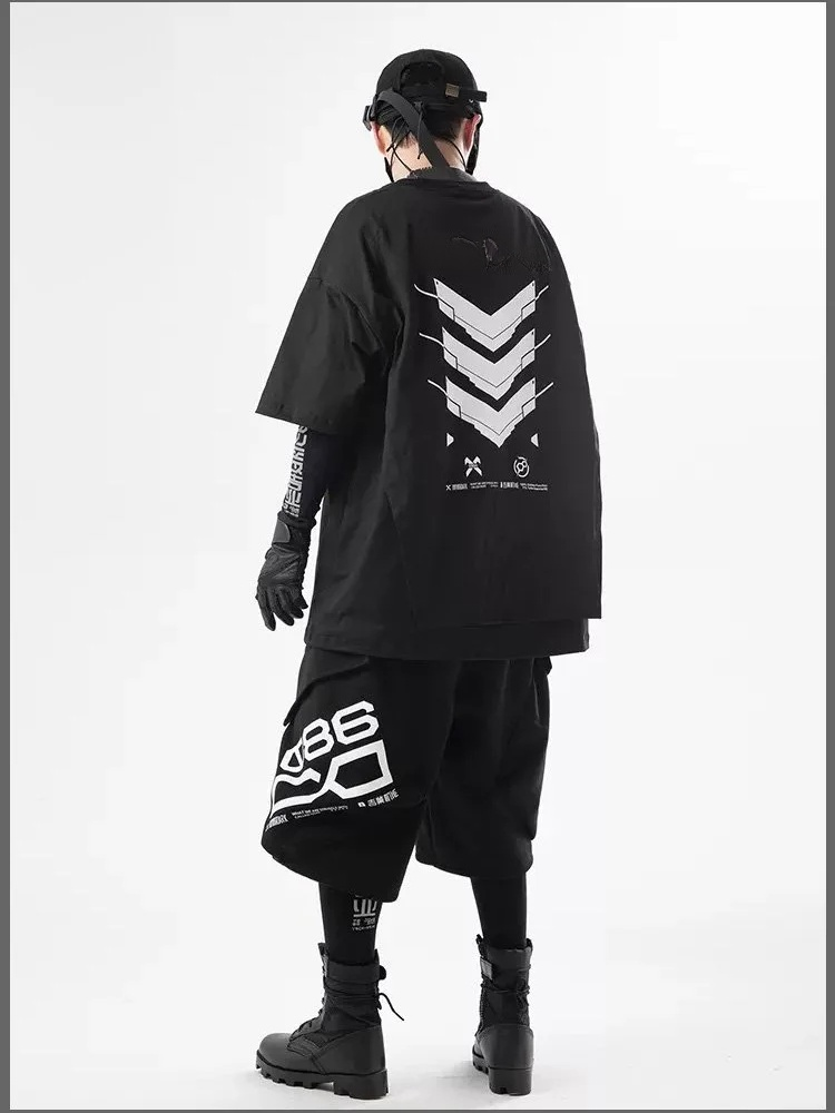 중공업 기갑 여름 루즈핏 반팔 티셔츠 상의 5부 소매 프린트 티셔츠 상의