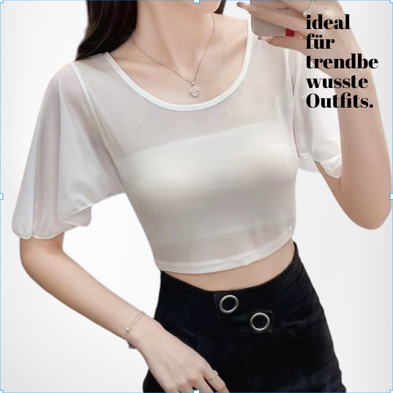 Ultradünnes, transparentes Netzshirt mit Fledermausärmeln und Rundhalsausschnitt
