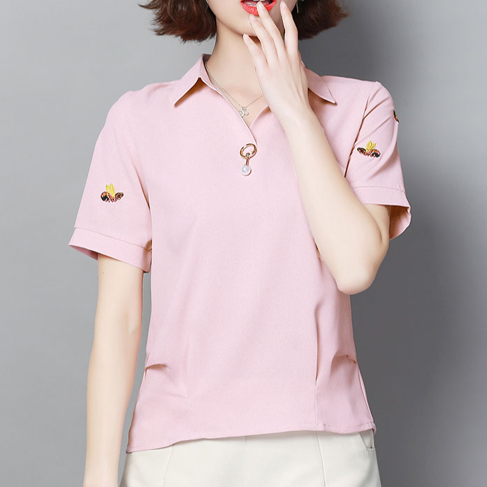 シファン刺繍半袖シャツ  通気性、シワ防止、吸湿、爽やか