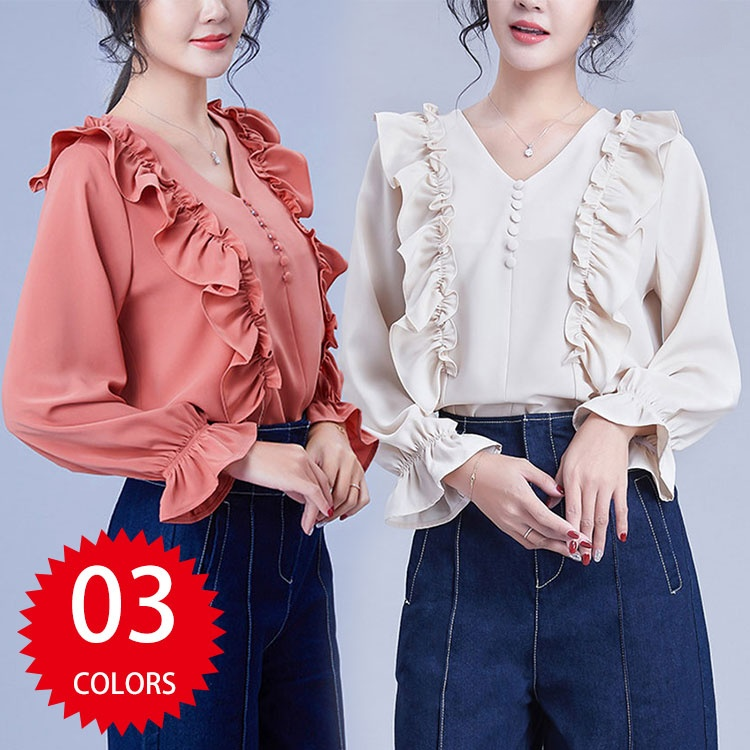 ブラウス  シャツ シフォン 長袖 フリル フォーマル Vネック フレアスリーブ きれいめ