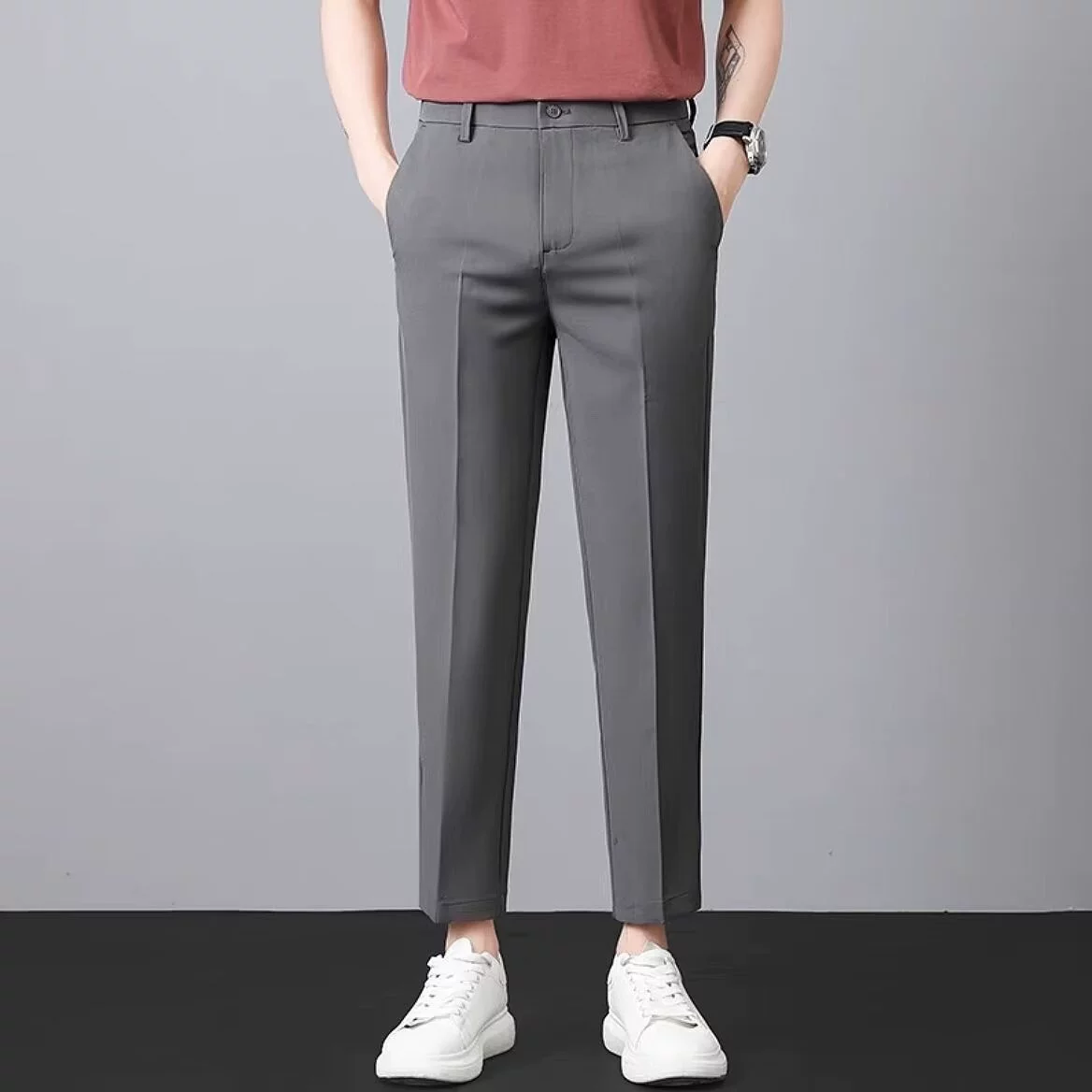 Bezpłatne prasowanie Biznes Spodnie wypoczynkowe Premium Pionowe Czarne Nine-point małe spodnie