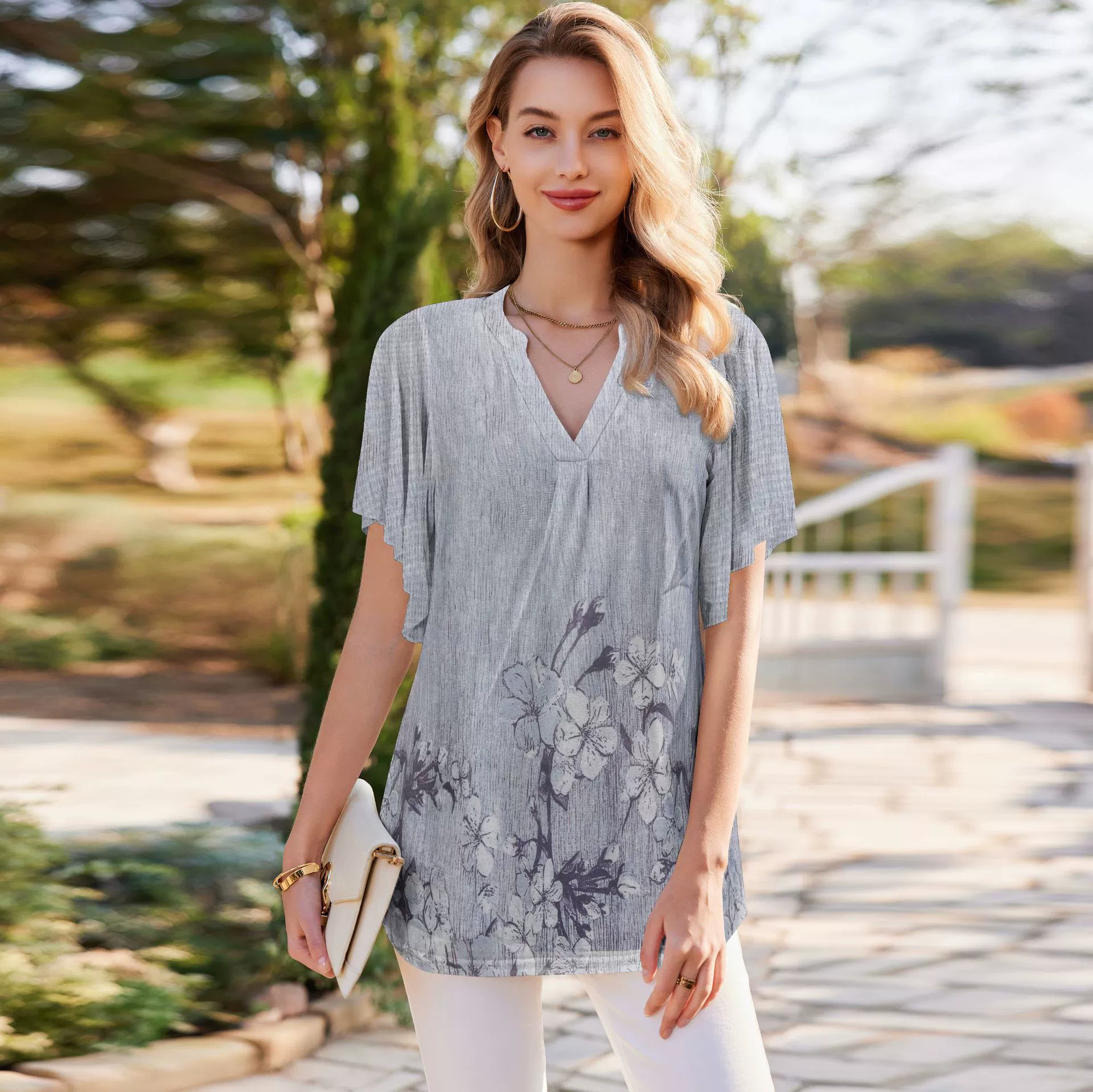 V-kołnierz krótki rękaw modne cienkie tkaniny damskie koszulki