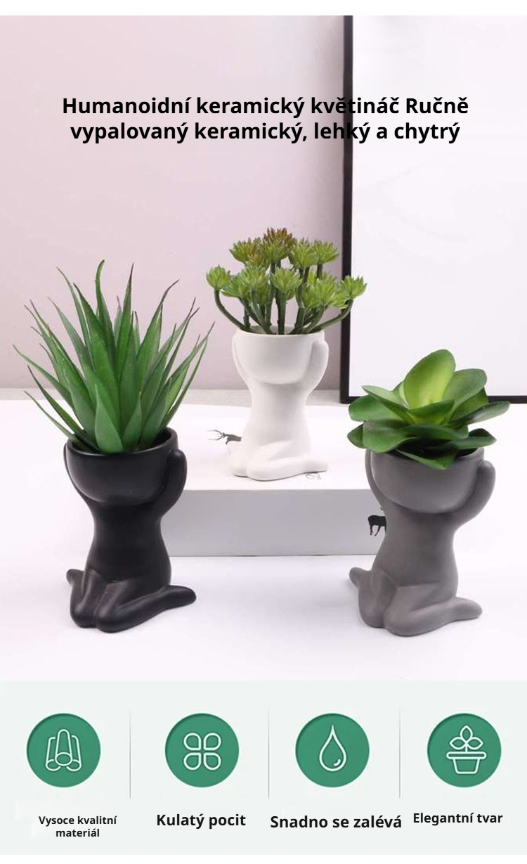 Keramický květináč ve tvaru postavy na stole