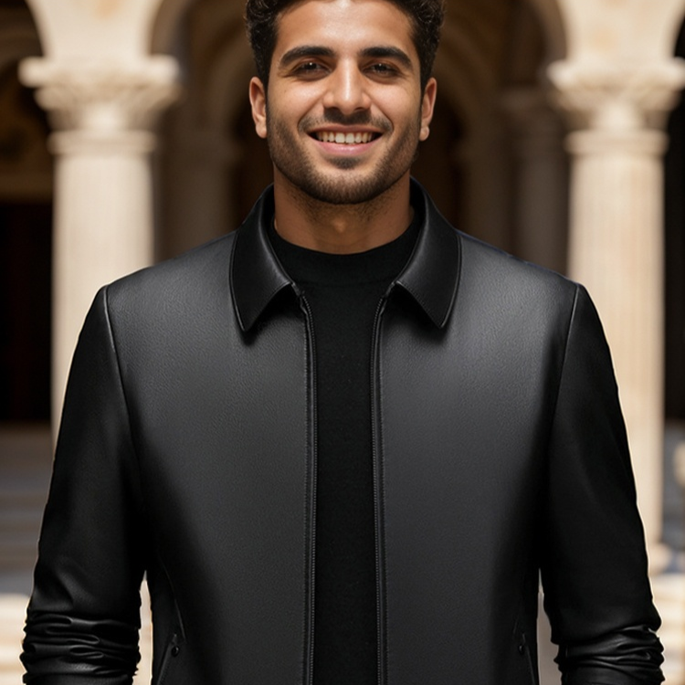 جاكيت جلدي رجالي فاخر بالياقة المطوية (استخدام قطعة كاملة من جلد البقر)