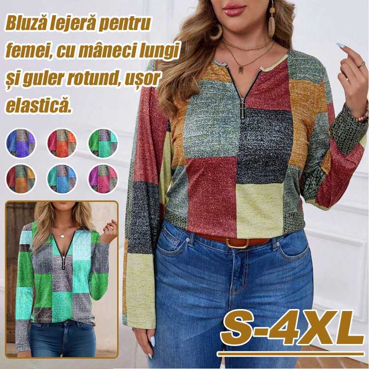 Bluză lejeră pentru femei cu mânecă lungă și guler rotund ușor elastic