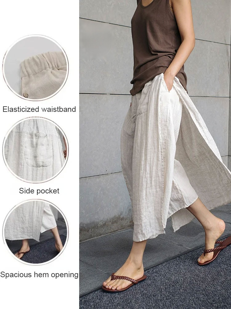 Two-piece loose cotton linen pants skirt