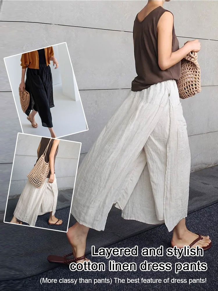 Two-piece loose cotton linen pants skirt