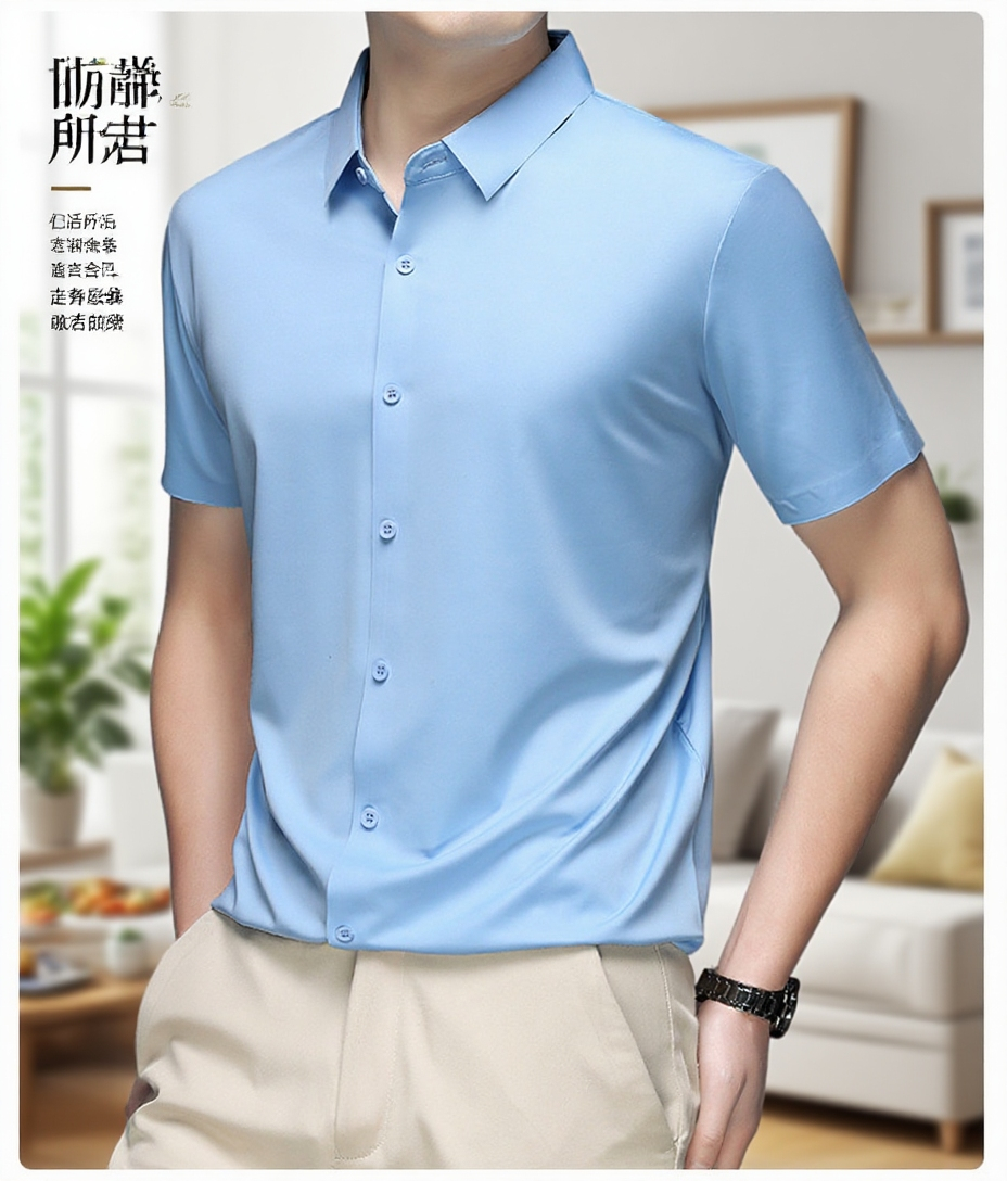 헴라인 주름 디자인의 남자 무지 셔츠 디테일