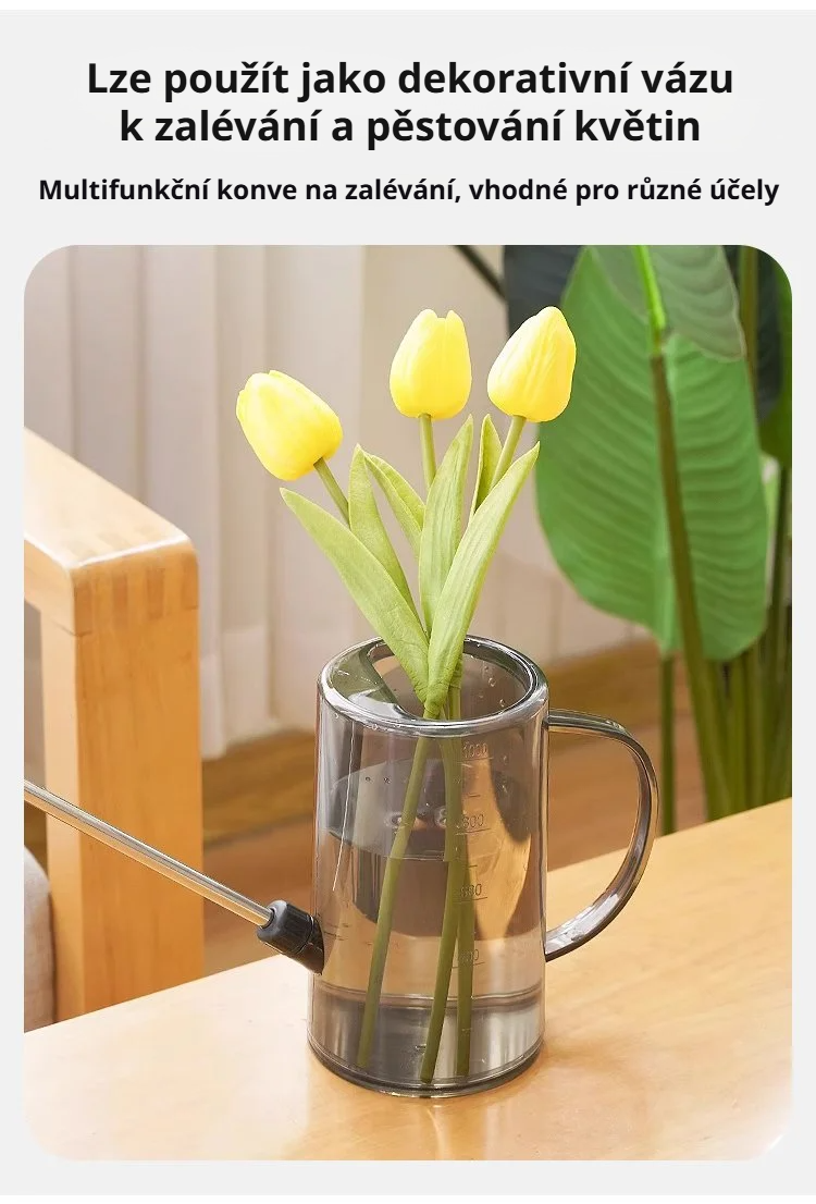 Elegantní zalévací konvička na parapetu s květinami