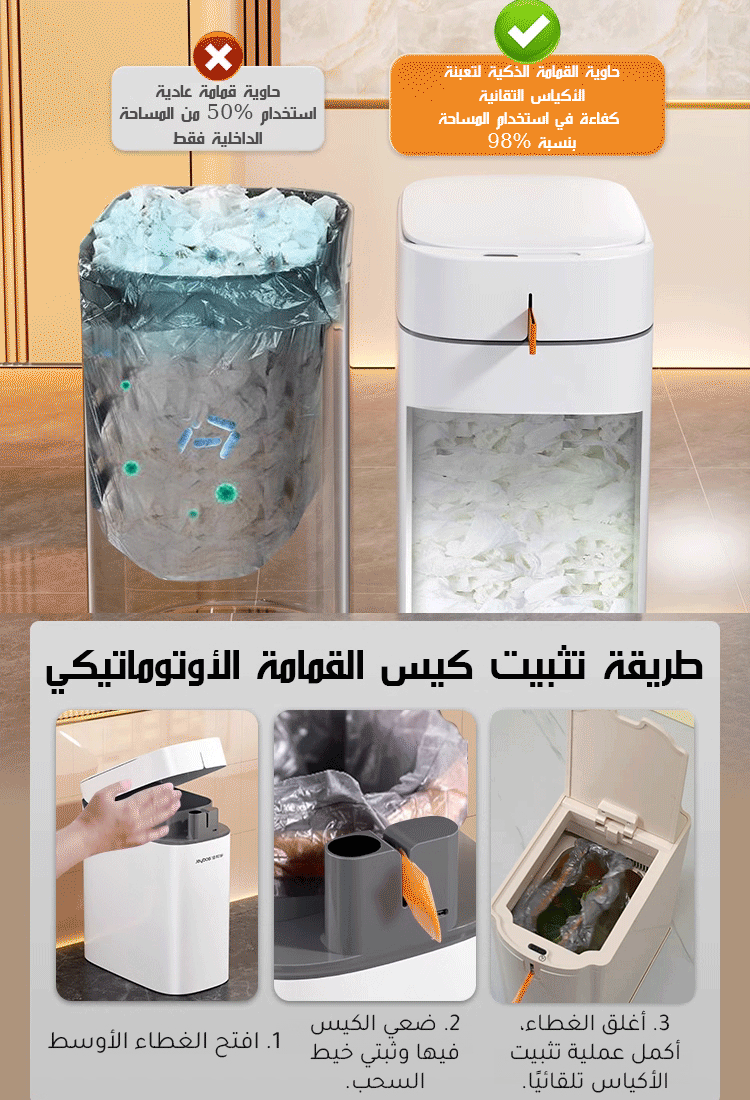 حاوية نفايات ذكية منزلية للتعبئة التلقائية(إغلاق كيس القمامة تلقائيا)