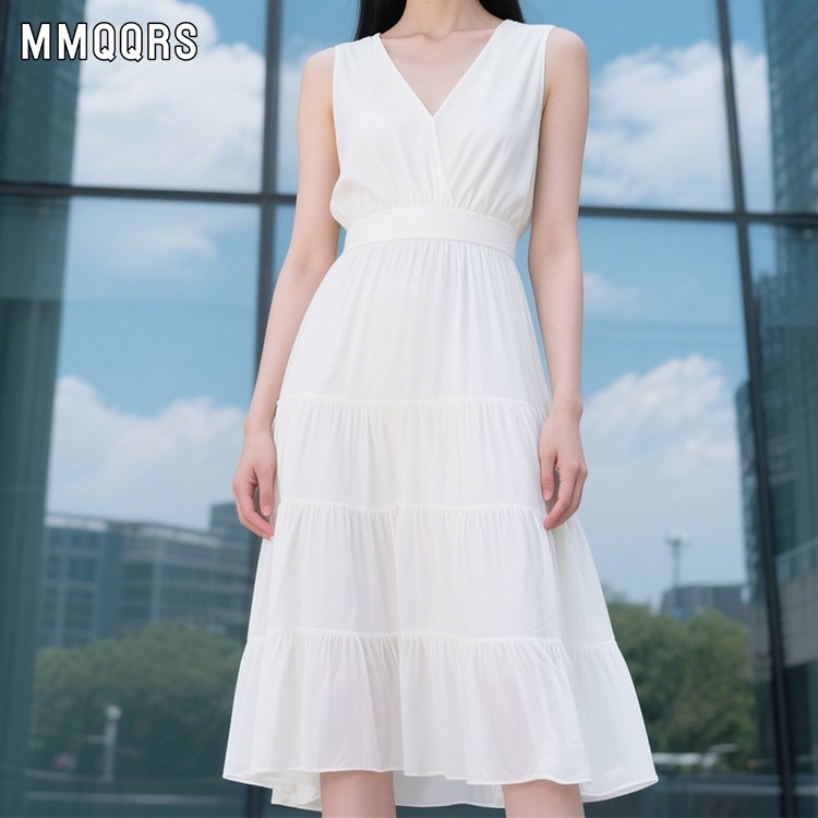 ウエストを絞ってほっそり見えるvネックの白いロングスカートです