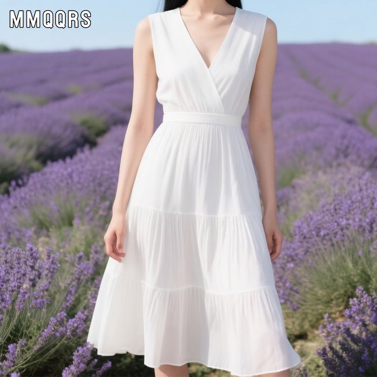 ウエストを絞ってほっそり見えるvネックの白いロングスカートです