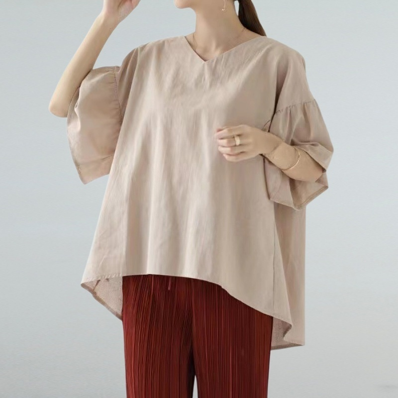 봄여름 한풍 ins 여성 상의 반팔 빅사이즈 루즈핏 셔츠 브이넥 프릴 숄더 블라우스