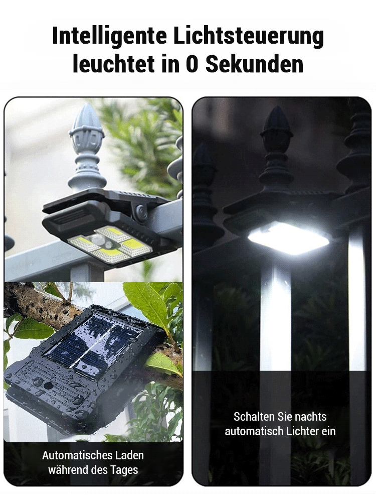 Wetterfeste Sensor-Solar-Klemmleuchte für Außenbereich