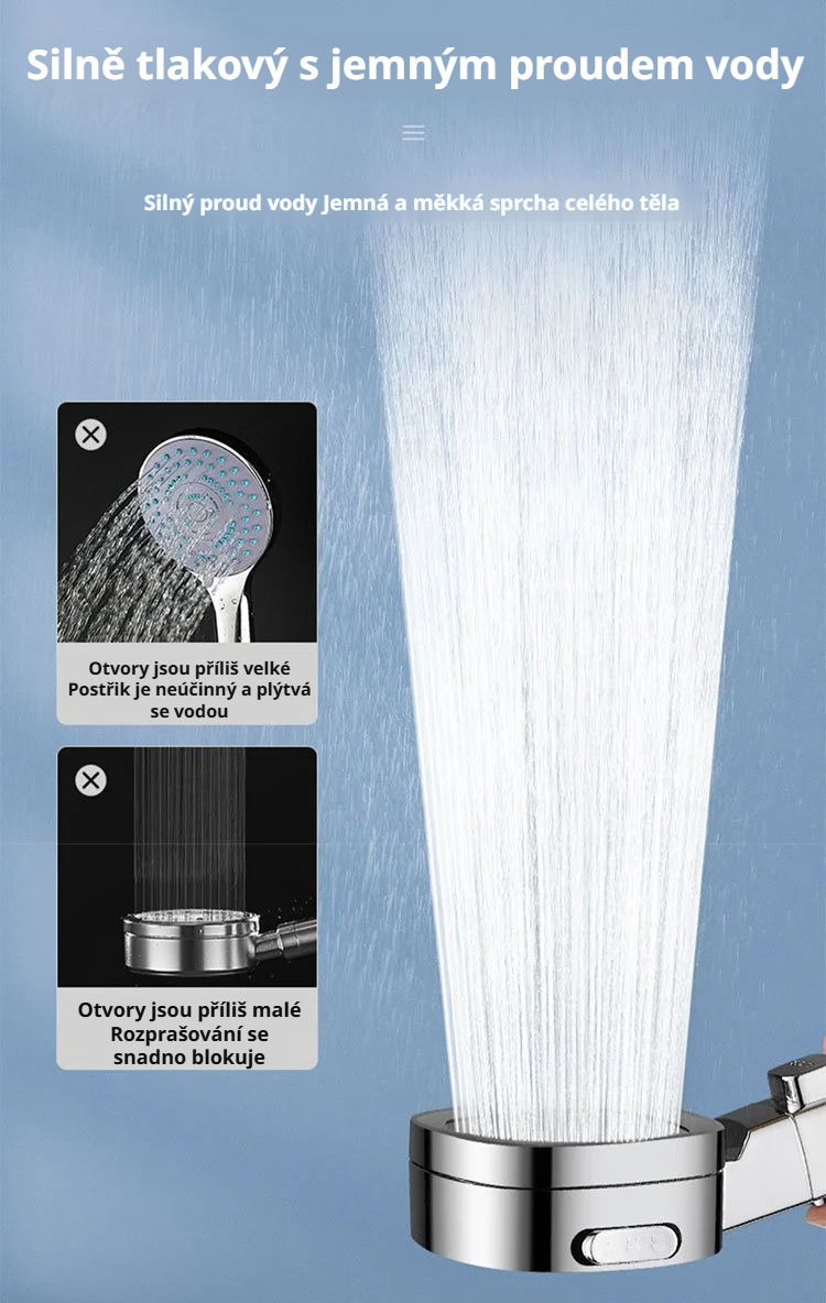 Detailní pohled na čtvercovou sprchovou hlavici s vysokým tlakem