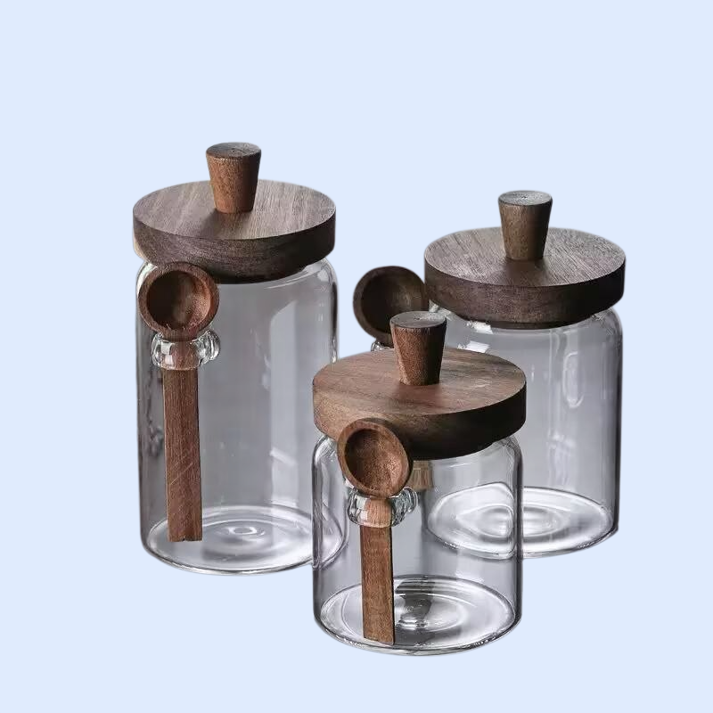 스푼이 달린 커피 원두 유리 밀폐병 소형 콩 저장통