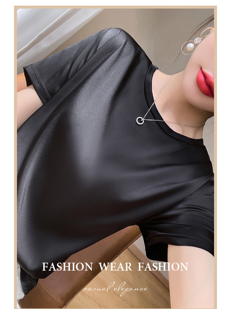 여하 루즈핏 뽕나무 실크 새틴 티셔츠 여 반팔 라운드 반팔 여름 여복 레깅스 아세트산 새틴 티셔츠