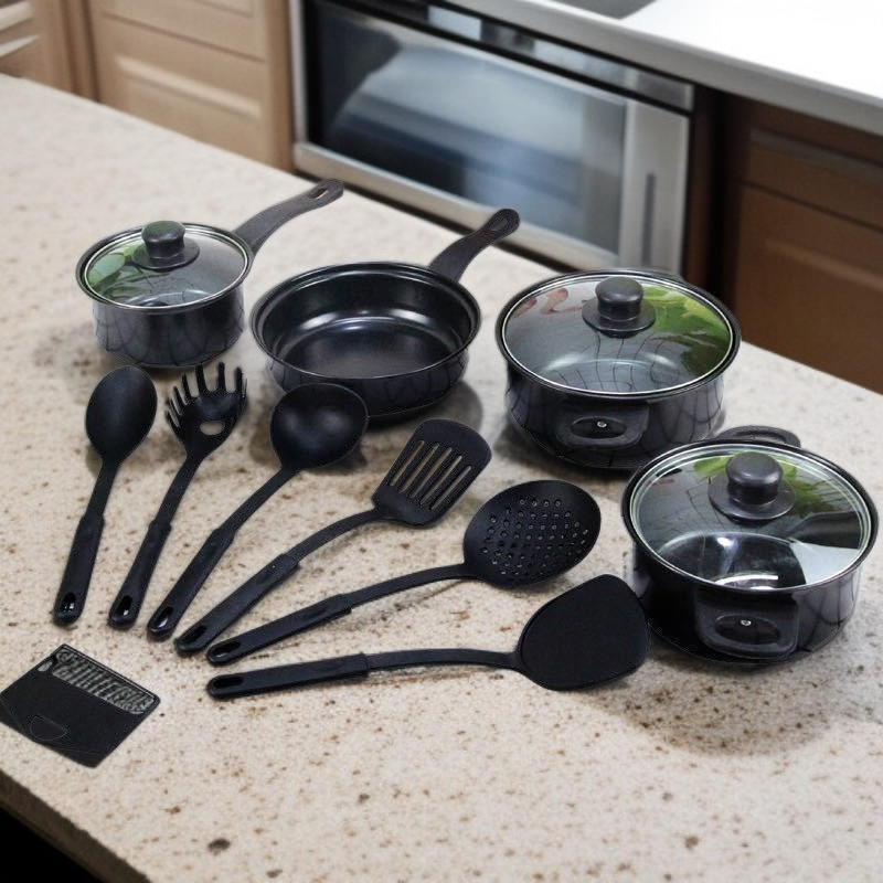 Hot selling 12-piece cookware set with spatula, non-stick soup pot, milk pot, frying pan, Maifan sto