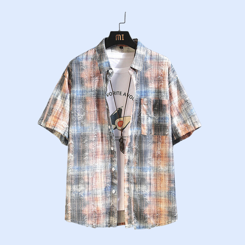 2025년 여름 신상 남성 체크 플라워 패치 반팔 셔츠 아우터
