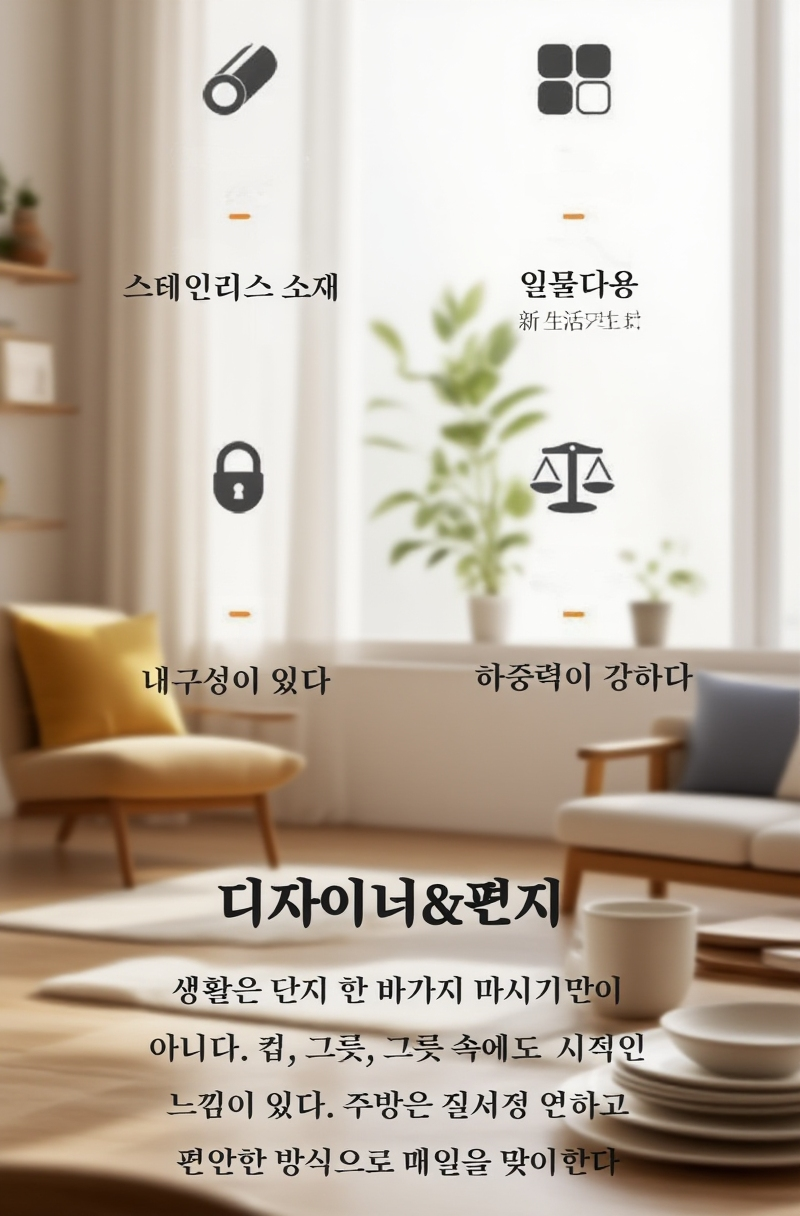 스텐 수납선반에 정돈된 면접시와 그릇