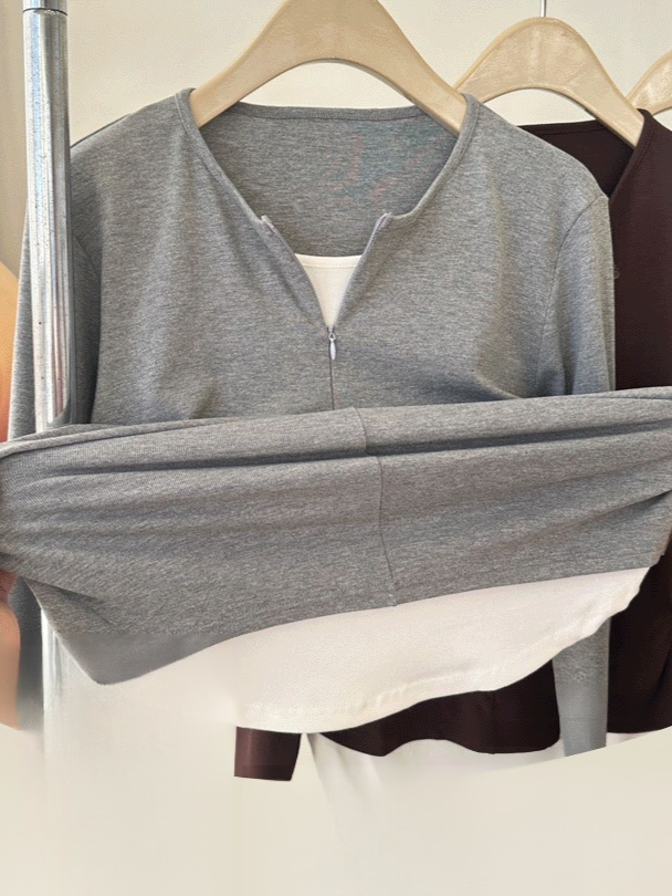 단색 슬림핏 페이크 투피스 여성 니트 티셔츠