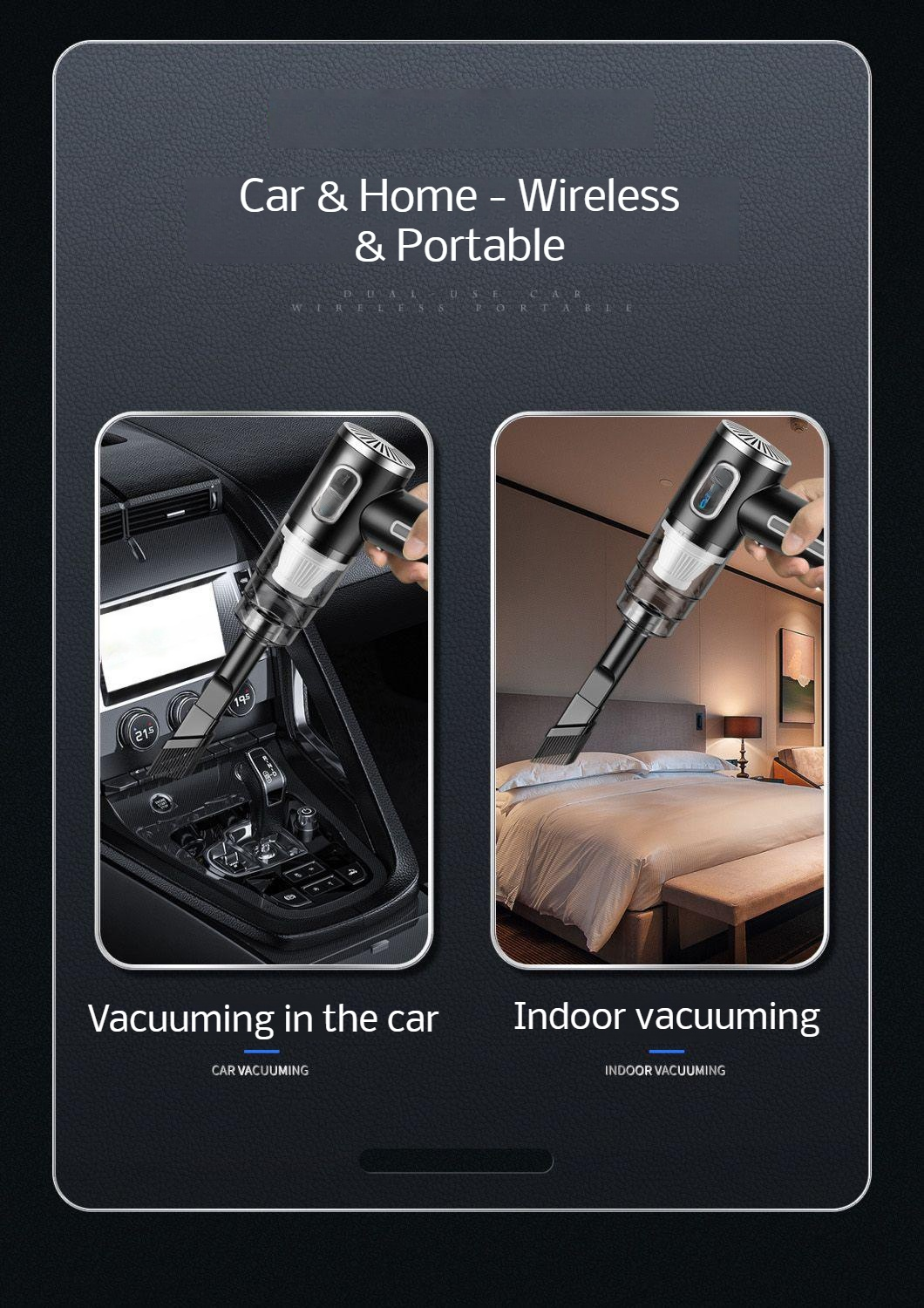 Handheld vacuum cleaner picking up dust in car interior