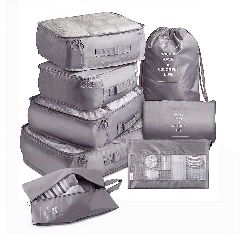 8pcs/set Packing Cubes For Suitcases, Travel Portable Clothes Storage Bags, Compression Storage Shoe