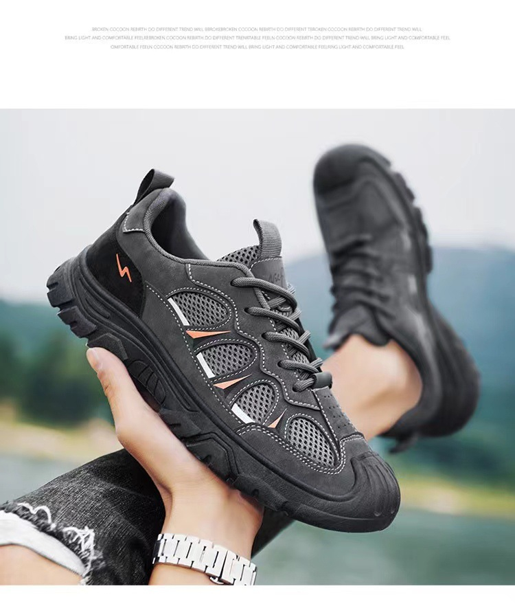 高耐久性素材を使用したメンズハイキングシューズのディテール