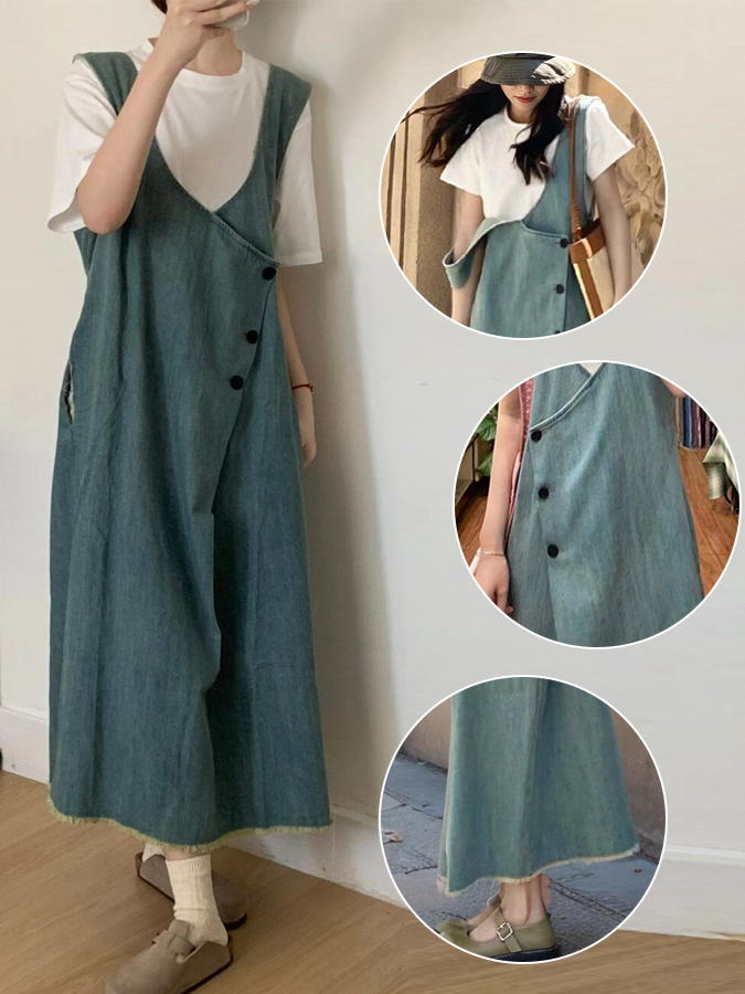 빈티지 트리밍 데님 멜빵 스커트 여성 원피스 날씬해 보이는 빈티지 카고 스커트