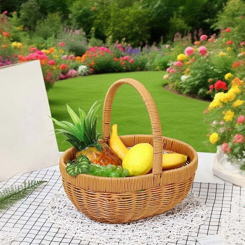 籐編みバスケットに食材や小物を収納している様子