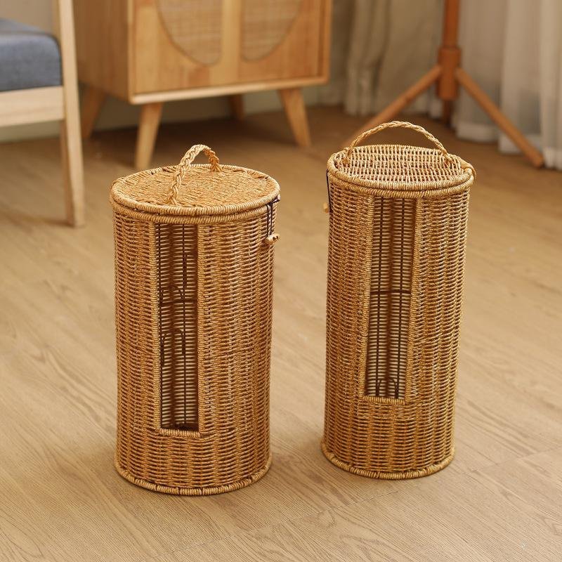 Imitation rattan round barrel with lid storage basket hotel homestay towel basket household toilet p