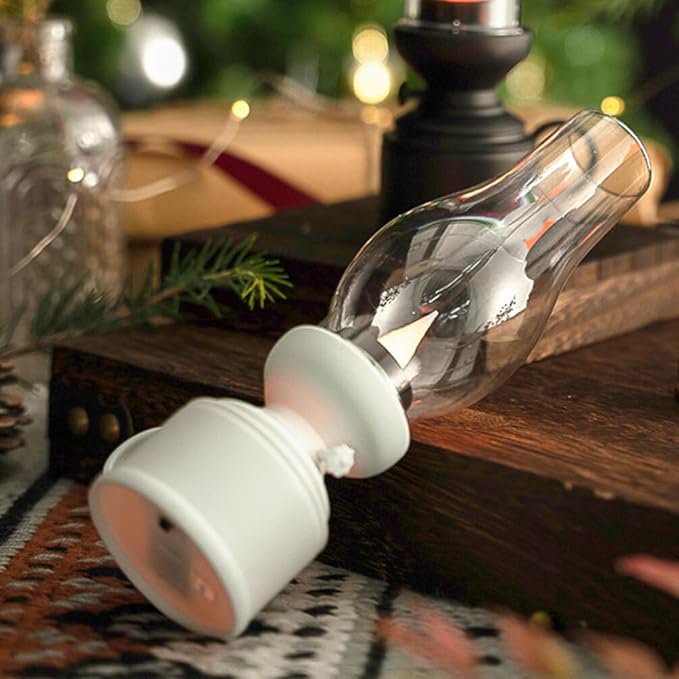 램프 빈티지 불꽃없는 테이블 램프 LED 등유 램프 투명 허리케인 램프 배터리 구동 침실 거실 침대 옆 탁자 흰색