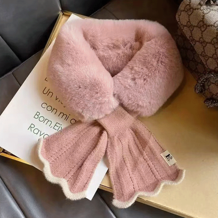 韓版交叉兔毛保暖圍巾