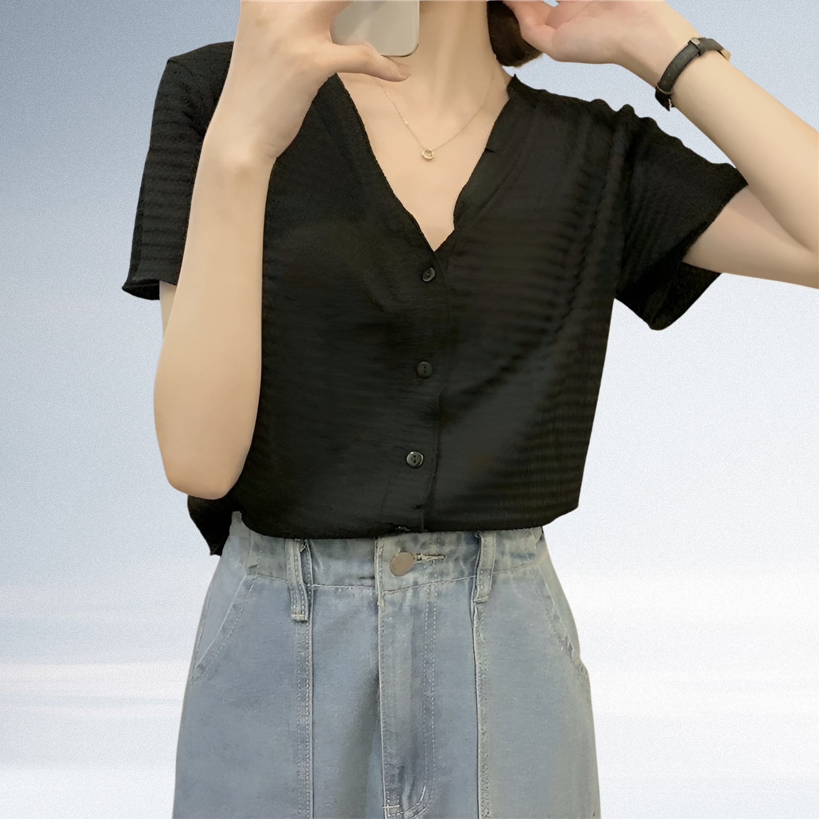 韓国スタイルVネック半袖トップス＆スリムショートパンツ女性用セット