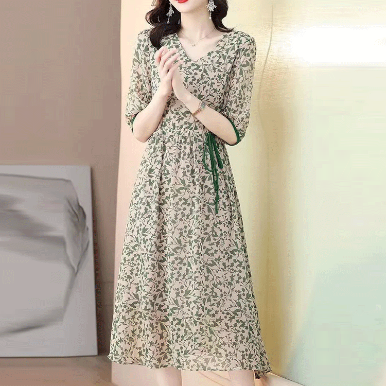 플라워 프린트 슬리밍 5부 소매 원피스